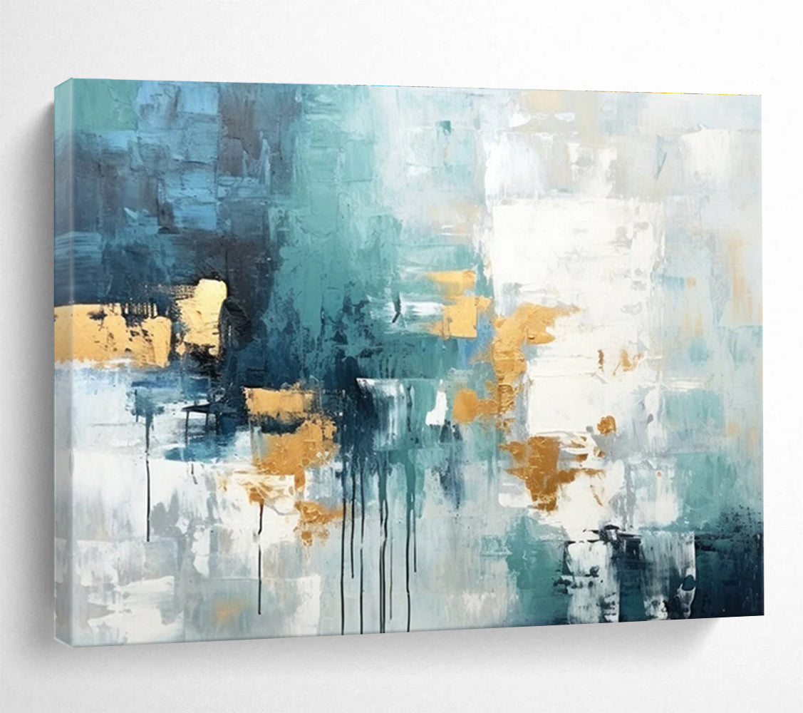 Teal - Gold Abstract Drip Painting for Contemporary Living YHT072