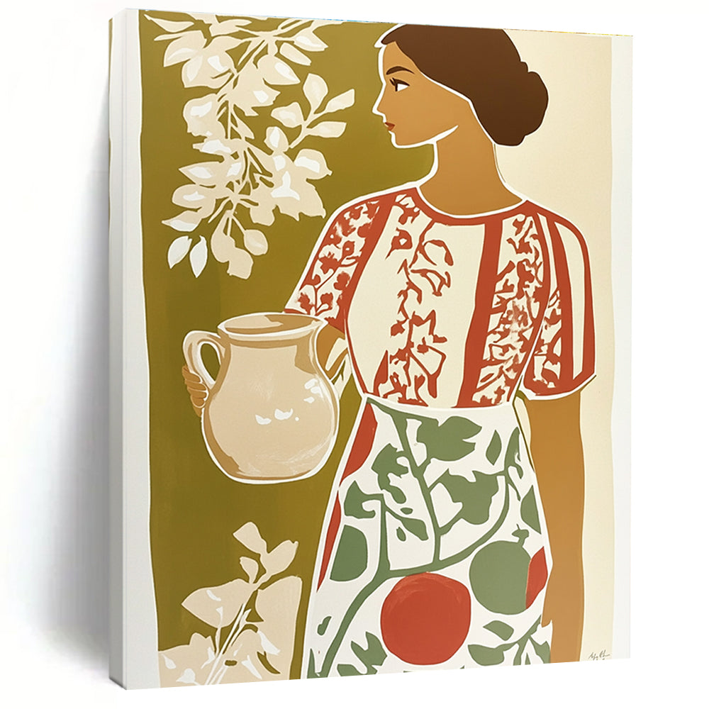 Woman with Jug Folk - Inspired Abstract Painting for Rustic Spaces GAB1460