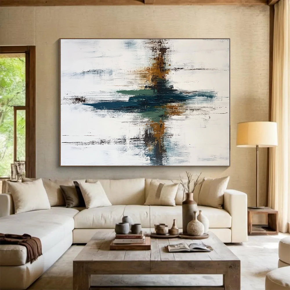 Teal - Brown Abstract Cross Painting with Subtle Depth WINK498