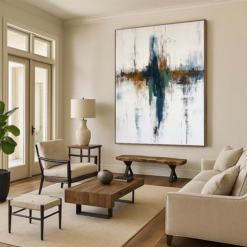 Teal - Brown Abstract Cross Painting with Subtle Depth WINK498