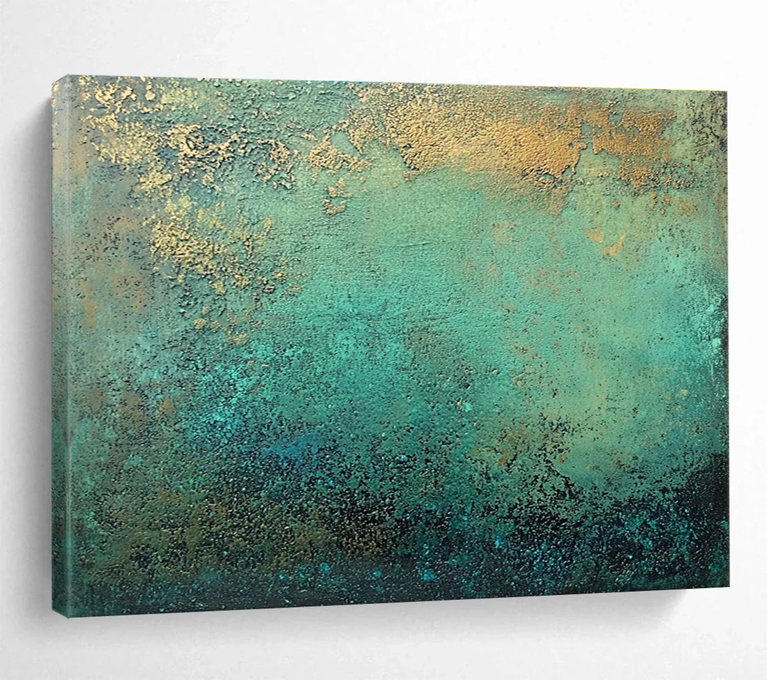The Intersection of Riches and Decay - A Deep Look into a Teal and Gold Abstract