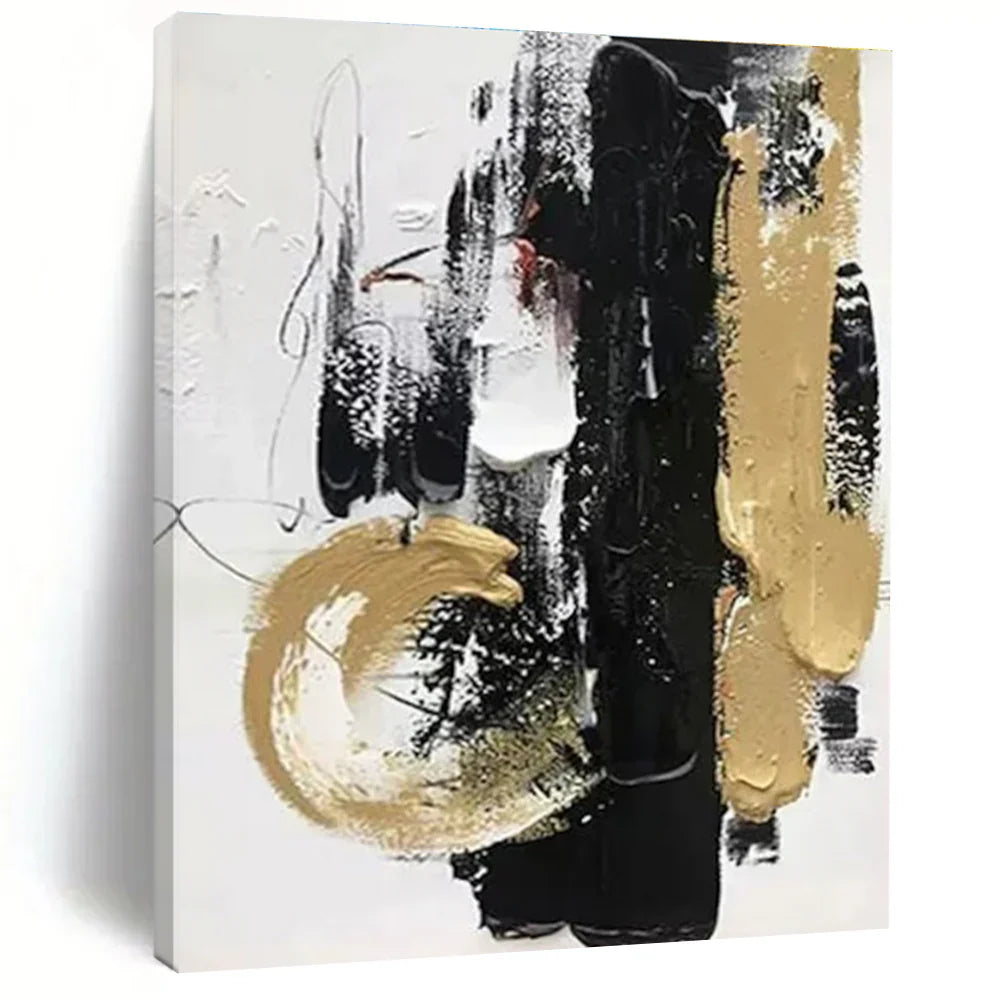 Unveiling Opulence: An In-Depth Analysis of the Black-Gold-White Abstract Expressionist Masterpiece