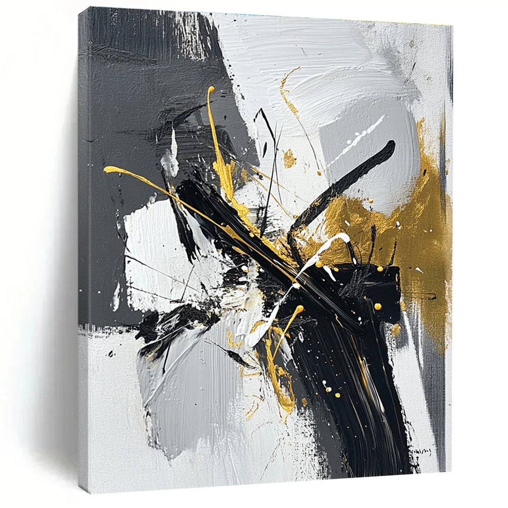 A Study in Controlled Chaos - The Allure of Black White and Gold Splash Abstract Painting