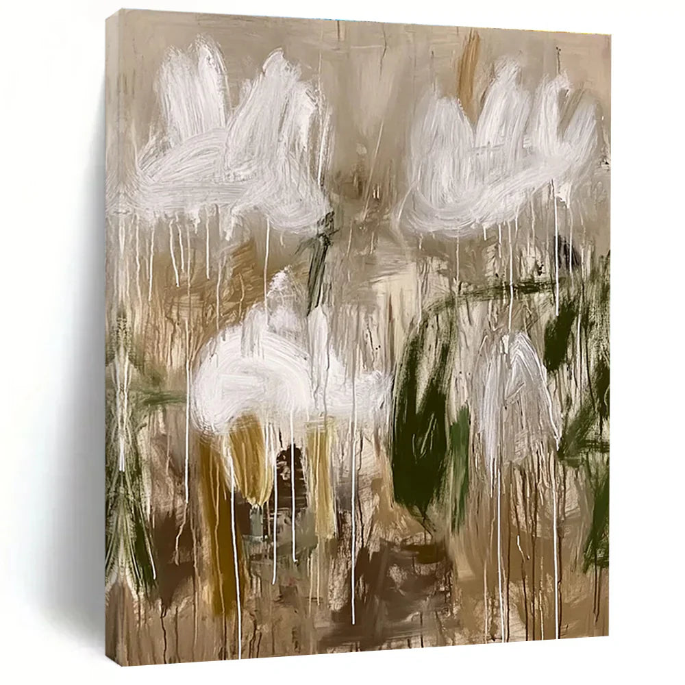 Ethereal Drizzles: An In-Depth Analysis of Abstract White Flowers Painting with Dripping Elegance