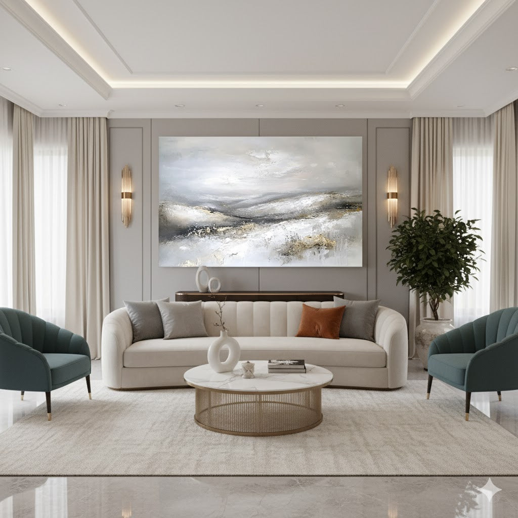 Unveiling the Serenity: An In-Depth Analysis of "Textured Gray Landscape Abstract Painting with Subtle Gold Accents ABS243"