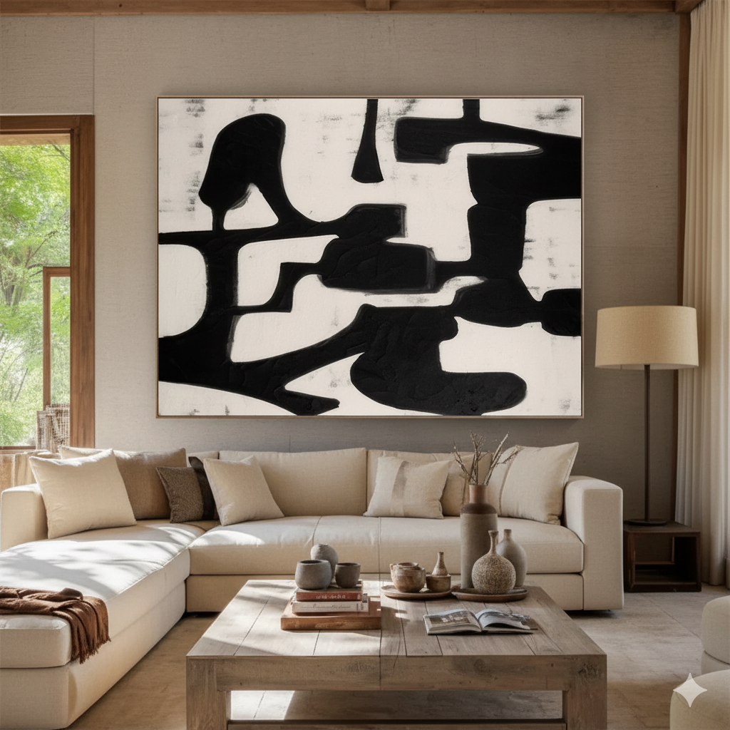 Decoding the Silent Shout: An Exploration of Bold Black - White Abstract Painting for Dramatic Spaces YHT062