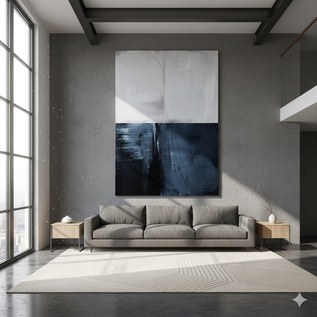 Exploring the Depths: An In-Depth Analysis of the Two-Tone Gray Abstract Painting for Sophisticated Home Libraries HENG206