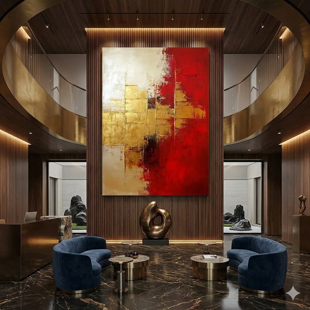 The Duality of Opulence: How Gold and Red Abstract Painting Redefines Luxury Interiors