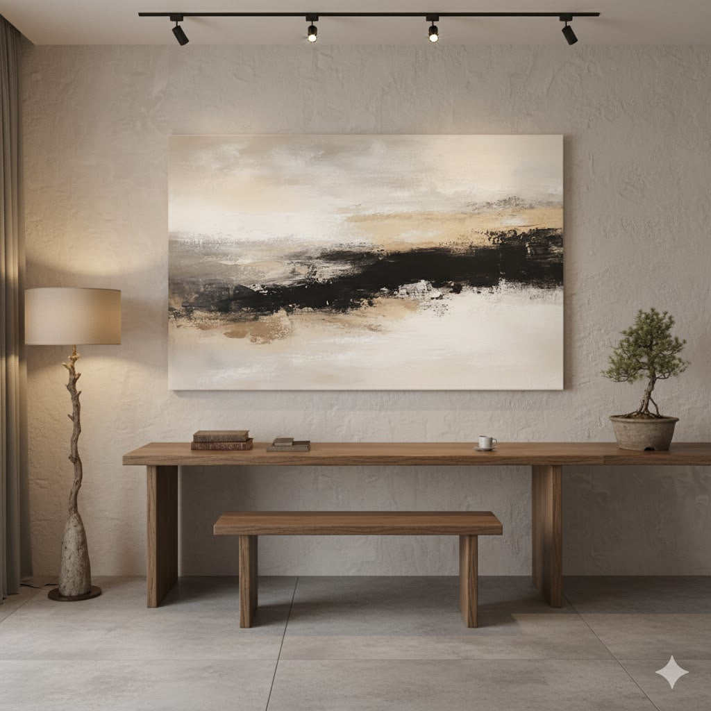Exploring the Moody Depths: An In-Depth Analysis of Beige and Black Abstract Landscape Painting with Moody Atmosphere ABS405