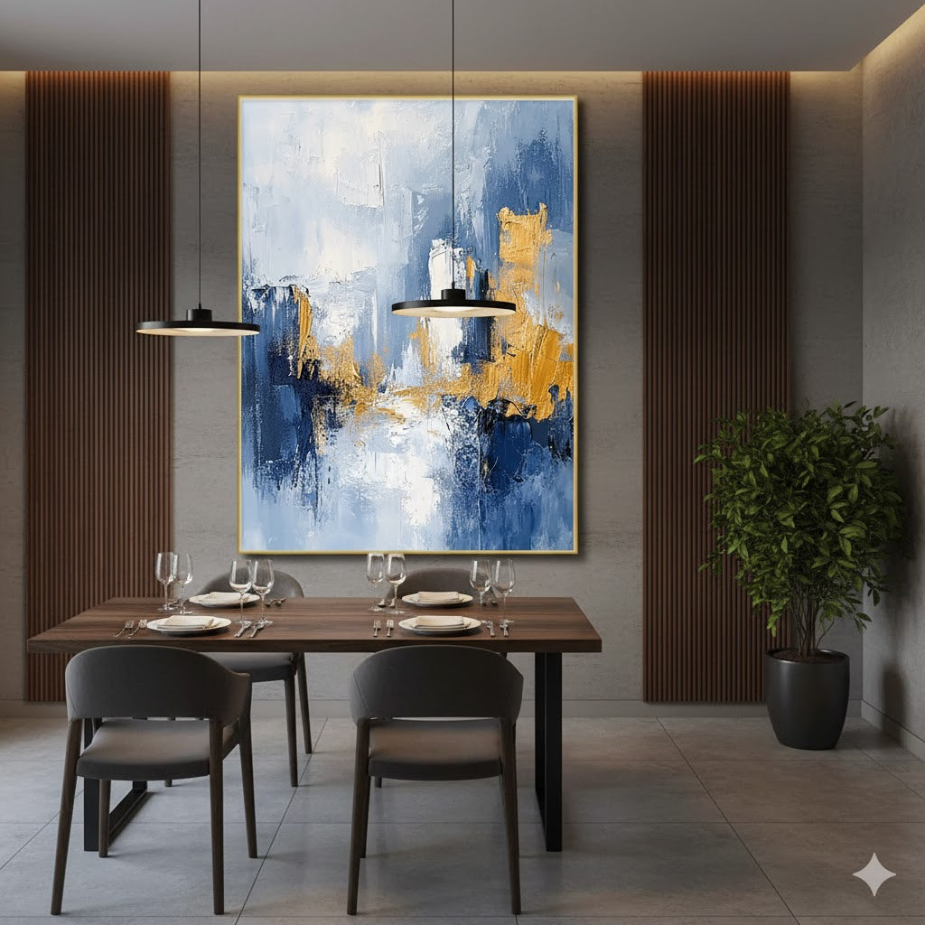 Dreamy Horizons: Exploring the Ethereal Urbanity in "Light Blue - Gold Abstract Cityscape Painting with Dreamy Urbanity WINK378"