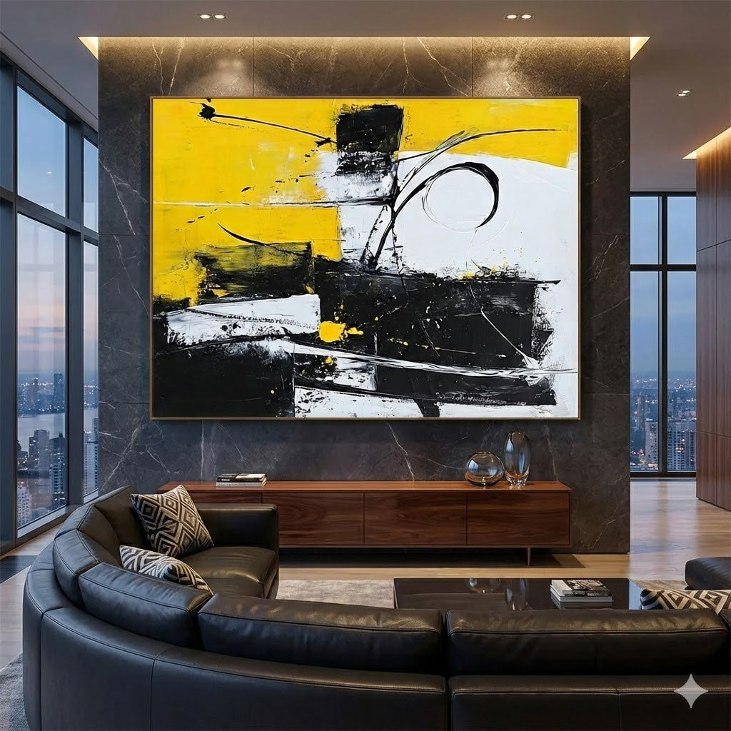 Unveiling the Dynamic Energy: A Comprehensive Analysis of Yellow Black White Abstract Painting with Dynamic Energy WINK511