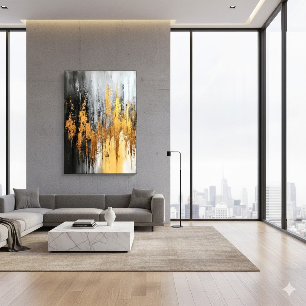 Unveiling the Luxe Drama: An In-Depth Analysis of the Gray Gold Abstract Painting WINK696