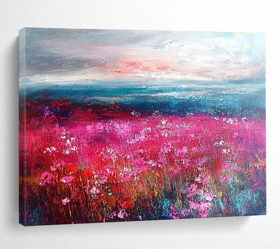 Pink Flower Field and Seascape Abstract Painting with Vivid, Romantic Ambiance ABS472