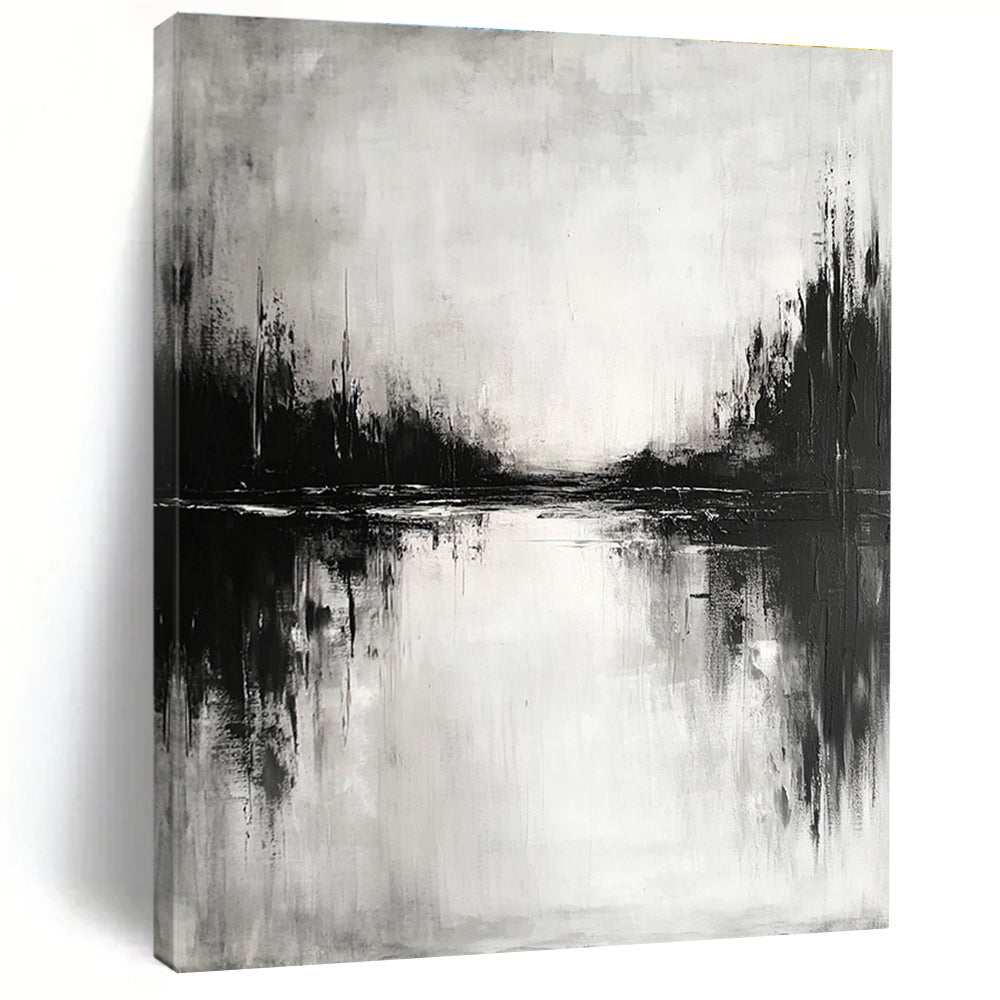 Black and White Lake Landscape - Moody Atmospheric Abstract Painting GAB0450