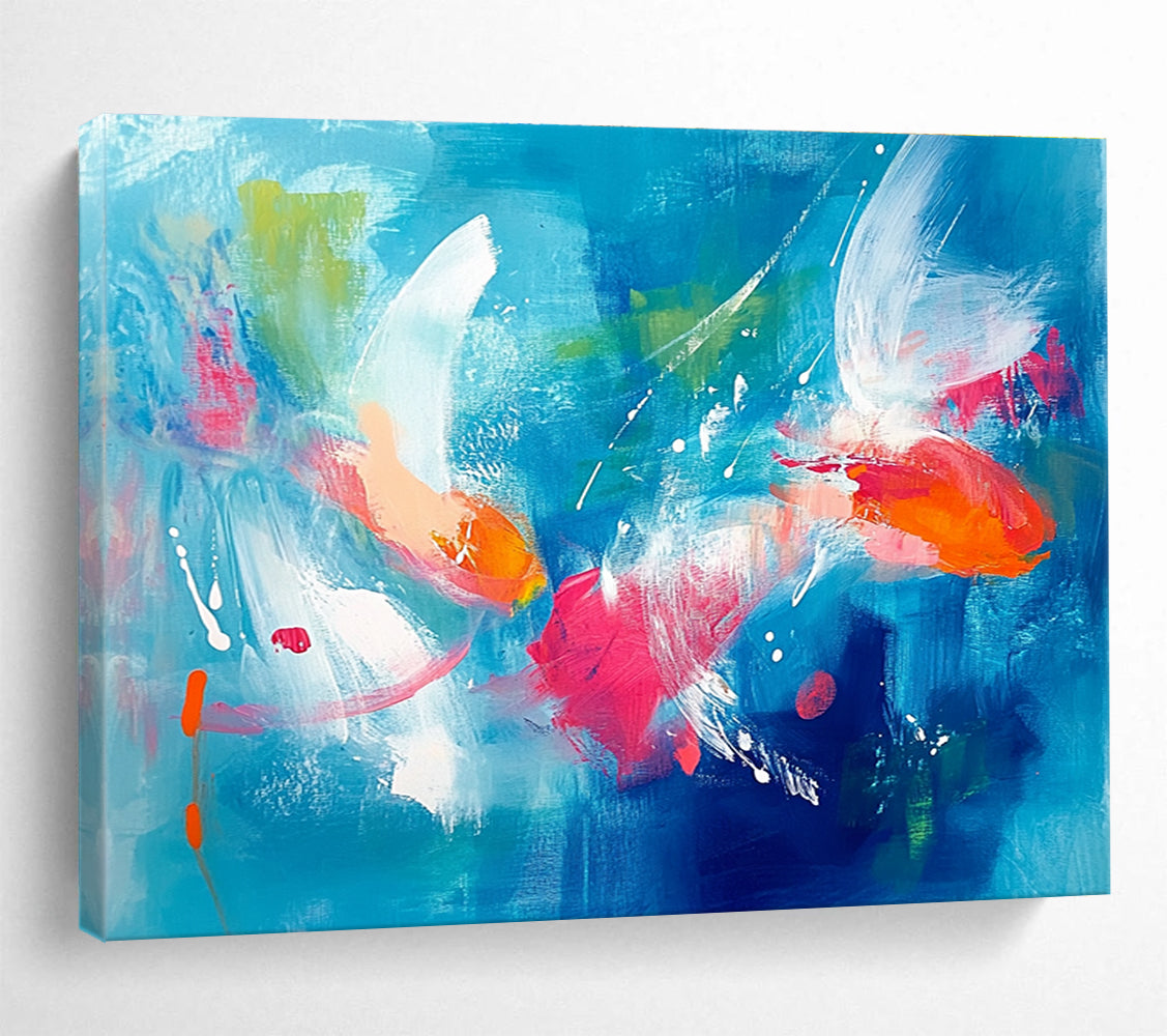 Koi Fish in Blue Abstract Painting with Energetic, Aquatic Beauty ABS466
