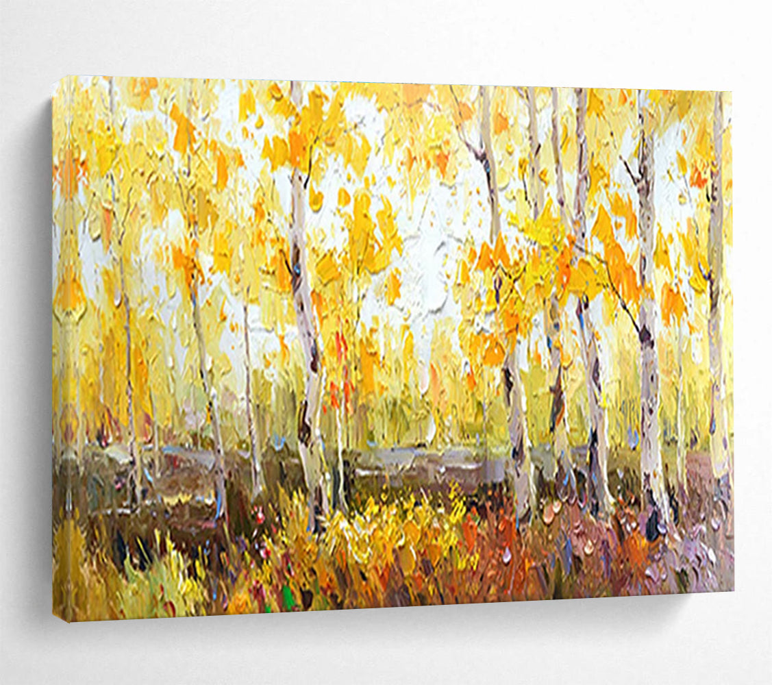 Autumn Birch Forest Abstract Painting for Cozy Cottage Interiors YHT212