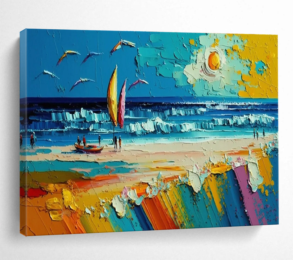 Beach Scene with Sailboat Abstract Painting for Vacation Home Interiors YHT313