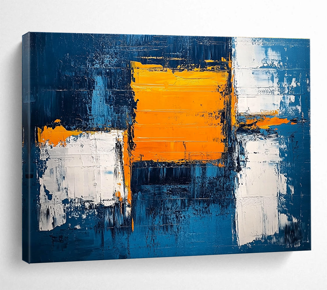 Blue and Orange Geometric Abstract with Textured Edges Abstract Painting ABS382