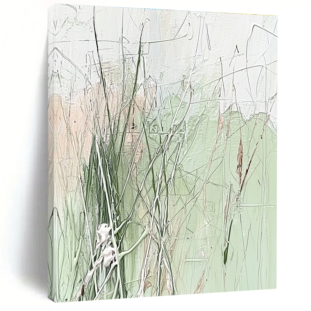 Green and Beige Grass - like Abstract Painting with Wispy Forms GAB0062