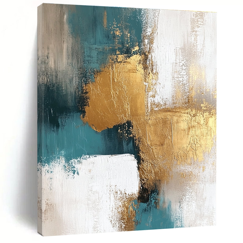 Teal Gold White Abstract Detail Painting with Intricate Textures WINK677