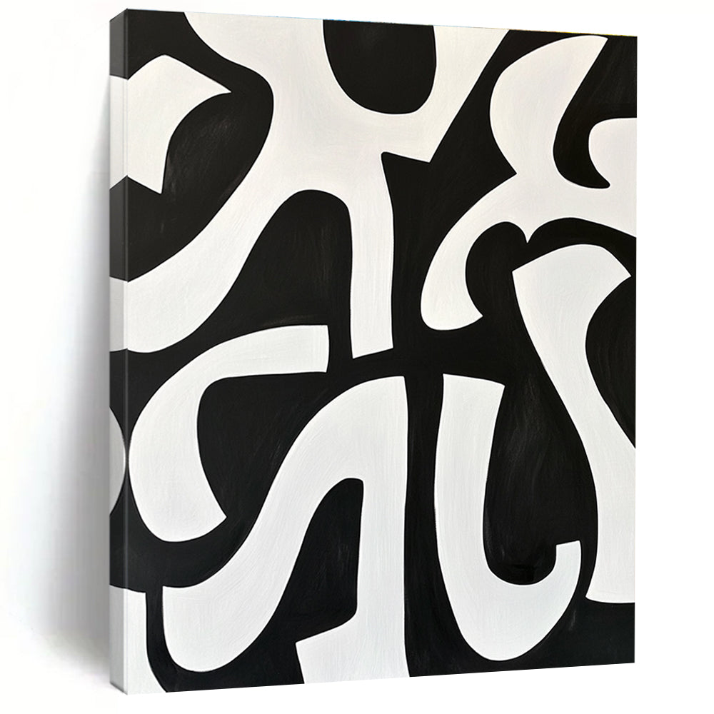 Black and White Curved Forms Abstract Painting with Dynamic Contrast WINK236