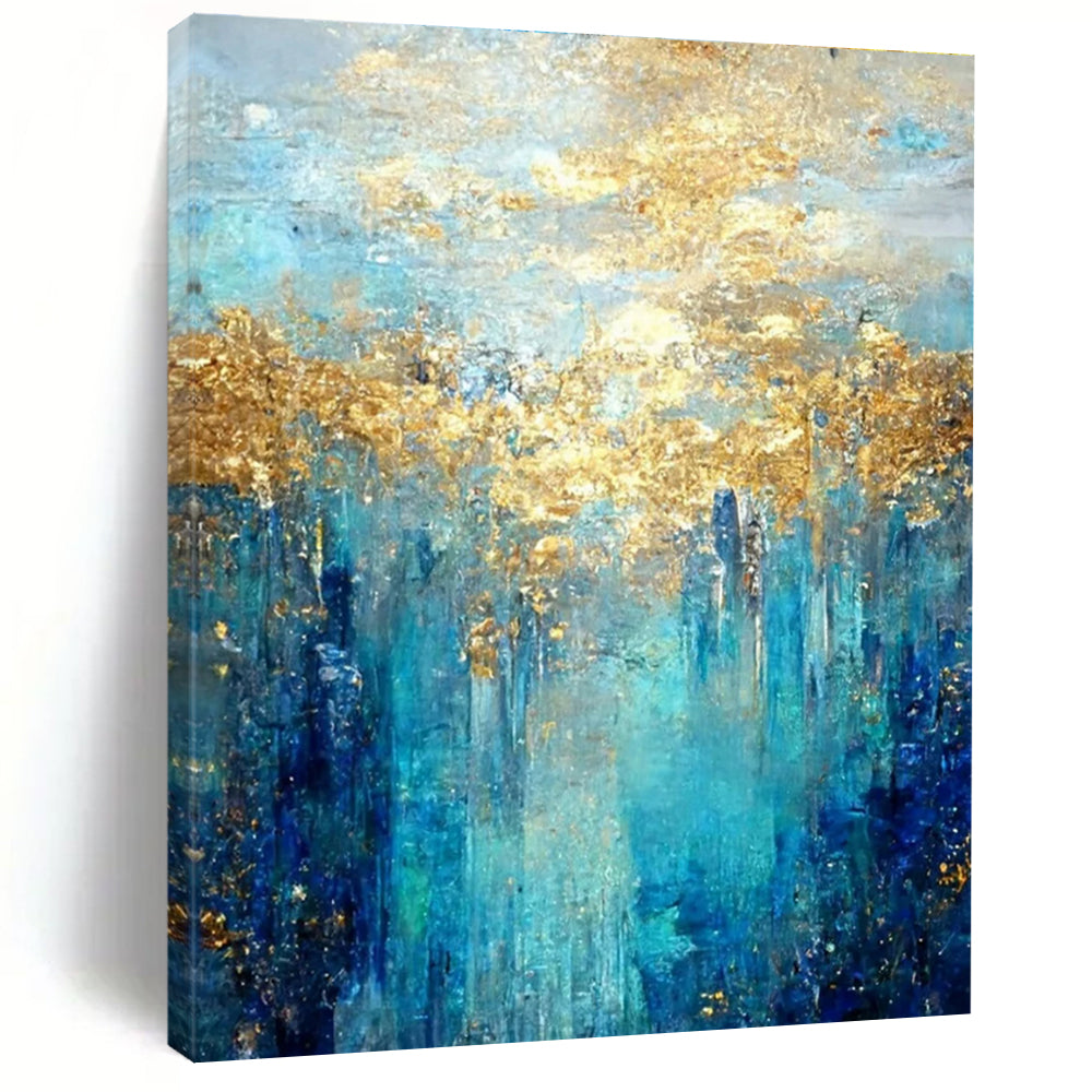 Enchanted Blue - Gold Forest Abstract Painting for Nature - Themed Cafes HENG065