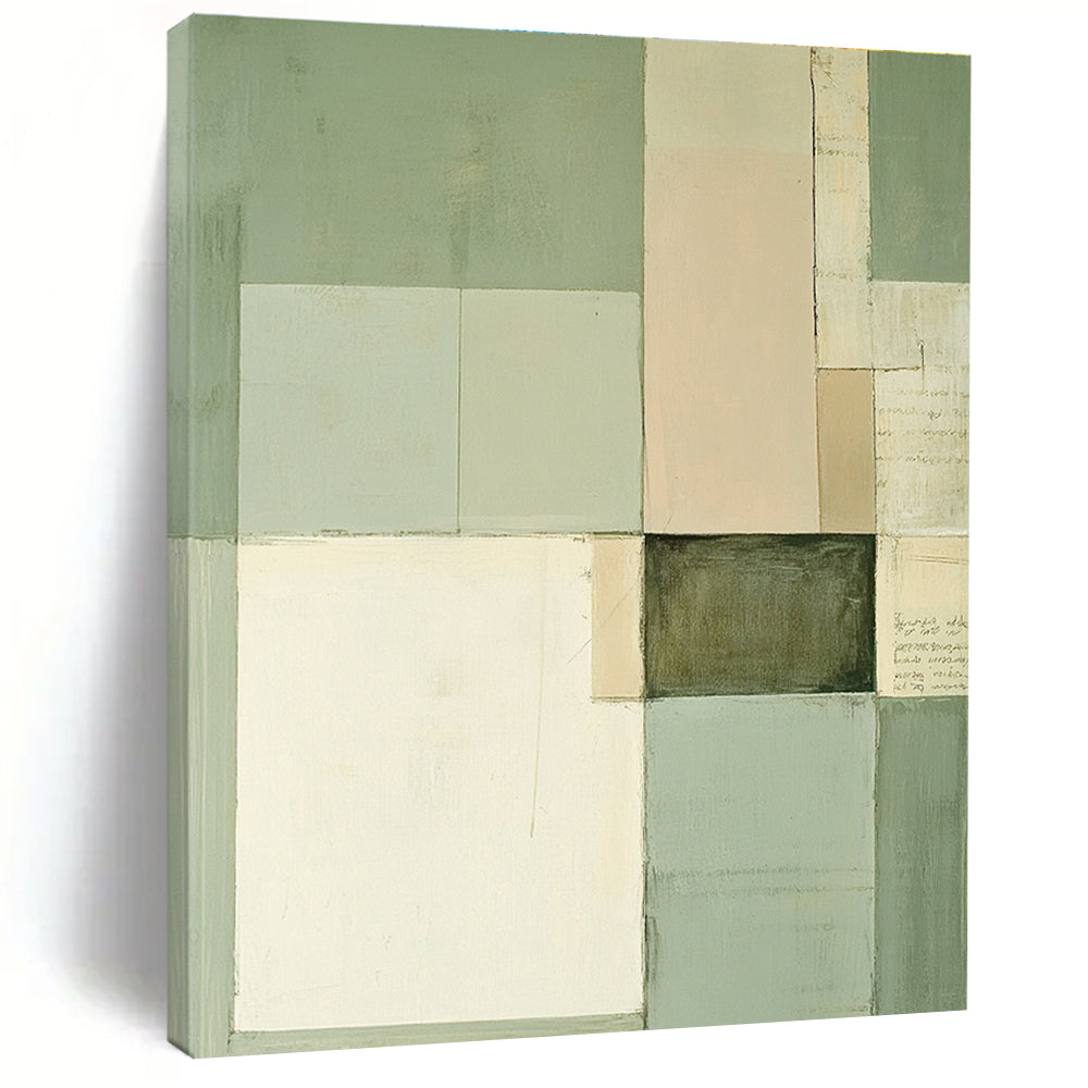 Green and Beige Geometric Blocks Abstract Painting with Subtle Harmony WINK274
