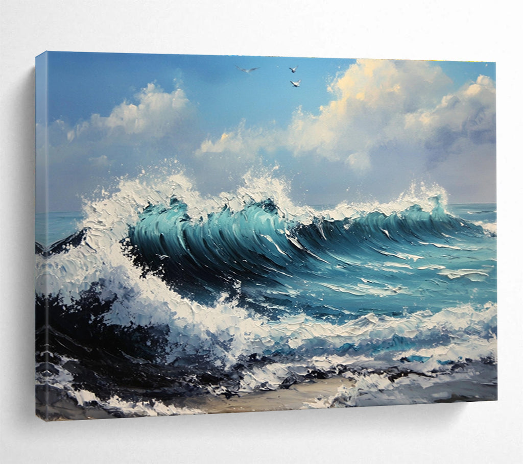 Crashing Waves and Birds Abstract Painting with Ocean Energy ABS599