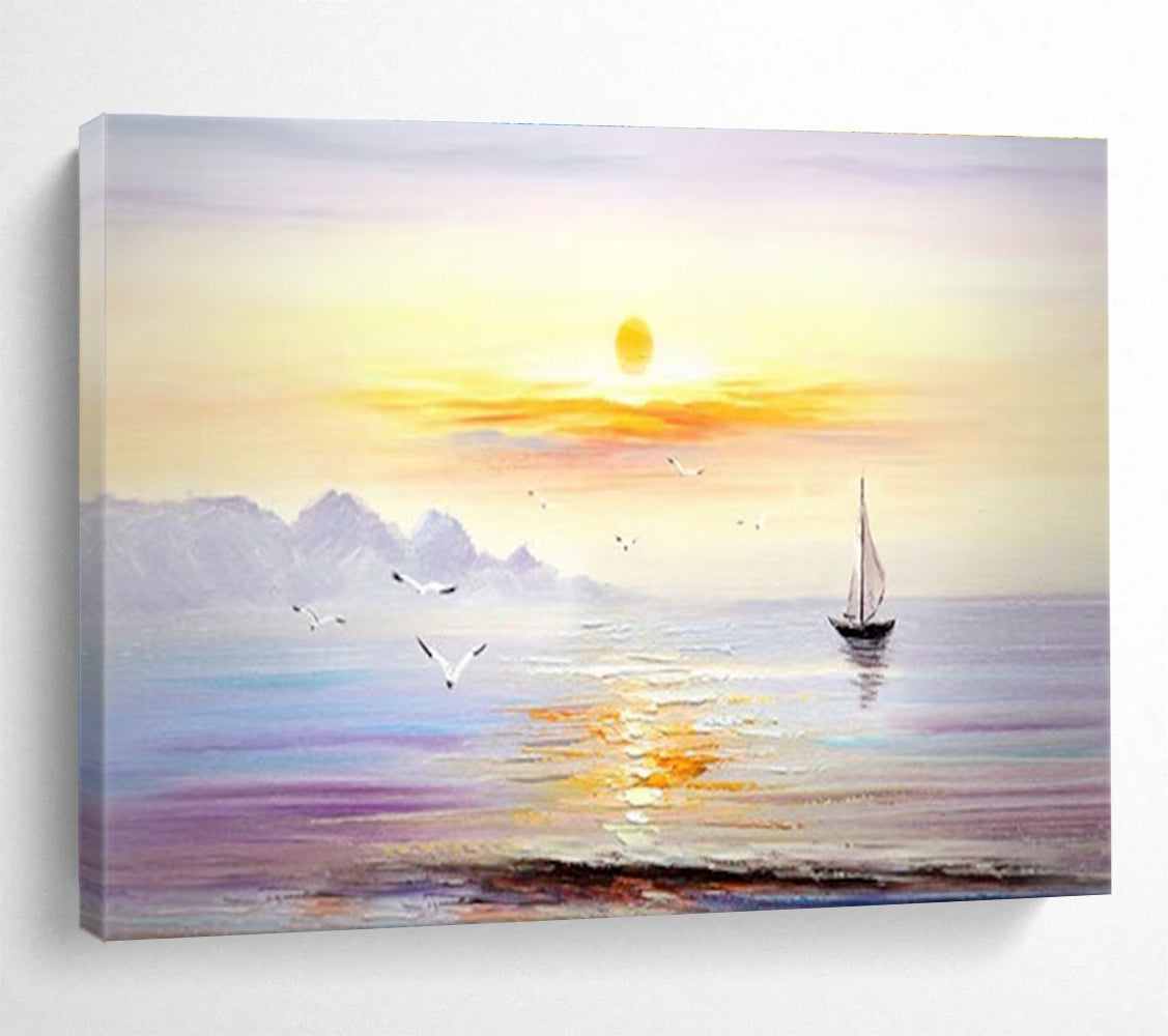 Serene Seaside Sunset Painting for Coastal Bedrooms YHT181