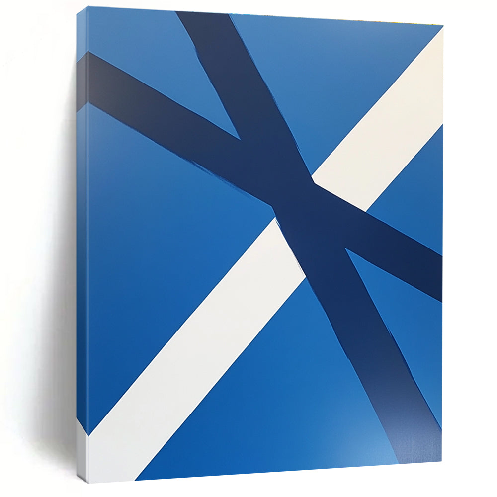 Blue and White Crossed Stripes Abstract Painting with Clean Geometry WINK023