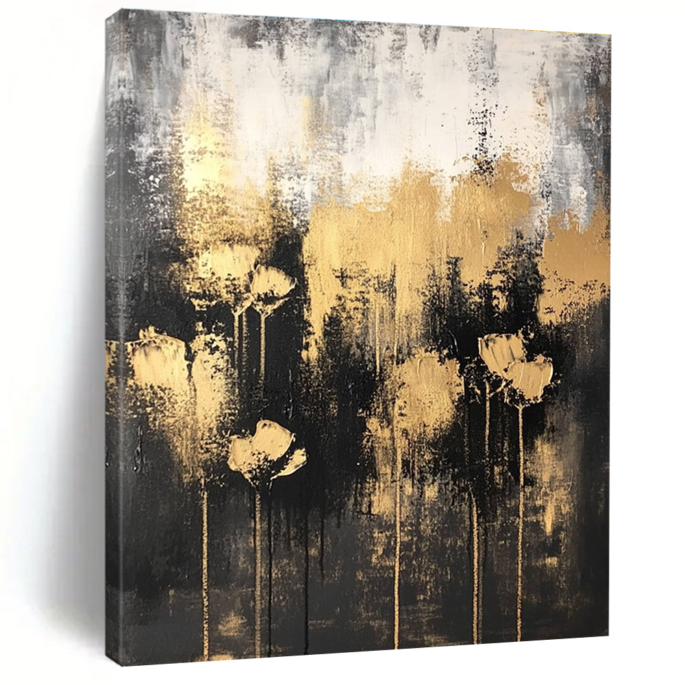 Dark - Toned Abstract Flower Painting with Golden Blooms GAB0667