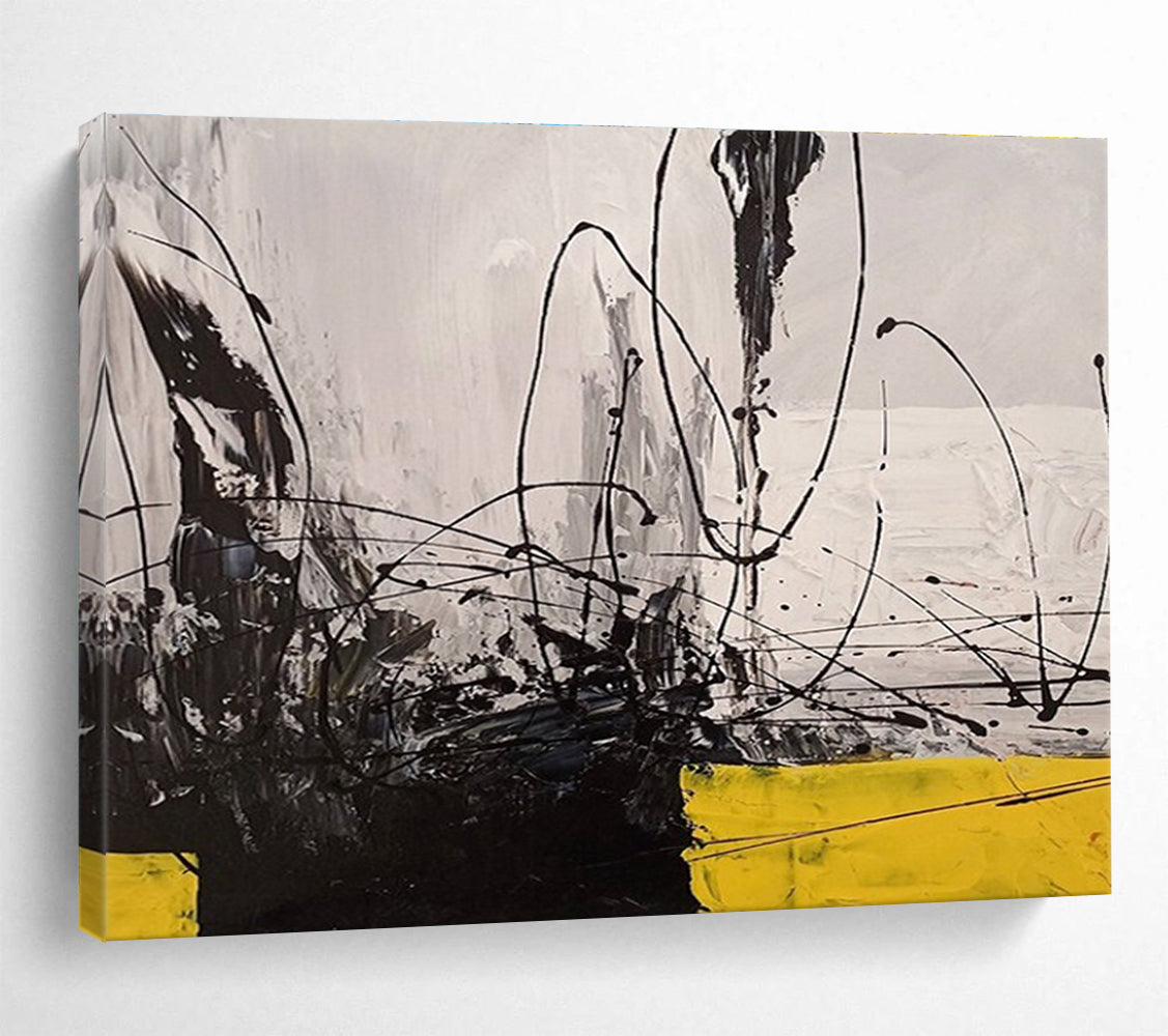 Black - White - Yellow Abstract Painting for Dramatic Spaces YHT008