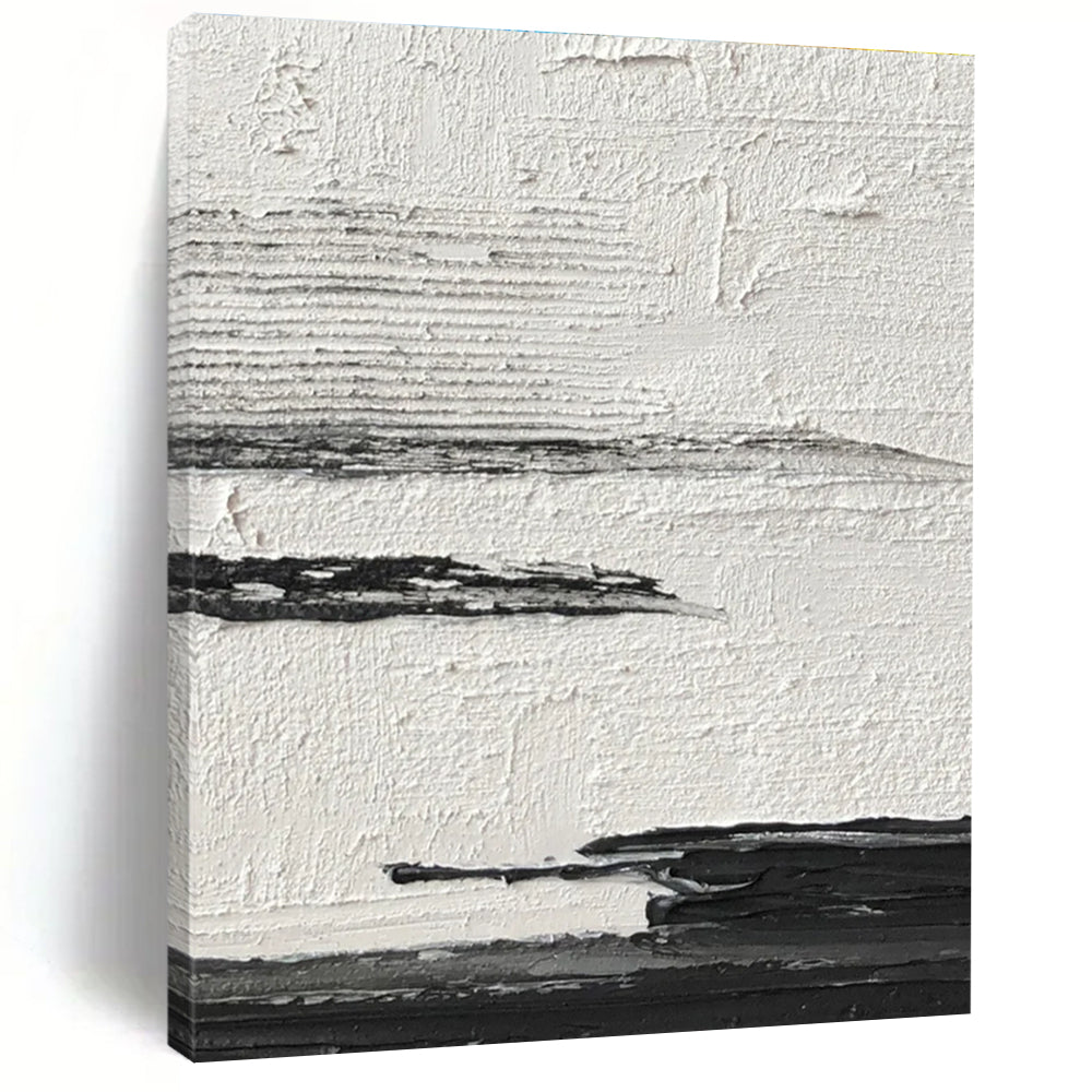 Black and White Textured Horizontal Layers Abstract Painting for Minimalist Bedrooms HENG369