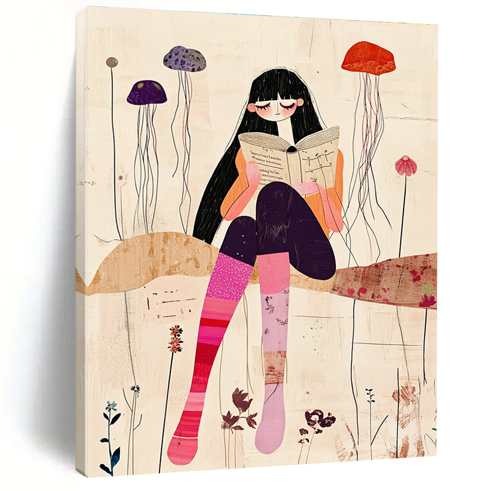 Girl Reading with Jellyfish - Serene Narrative Illustration GAB0398