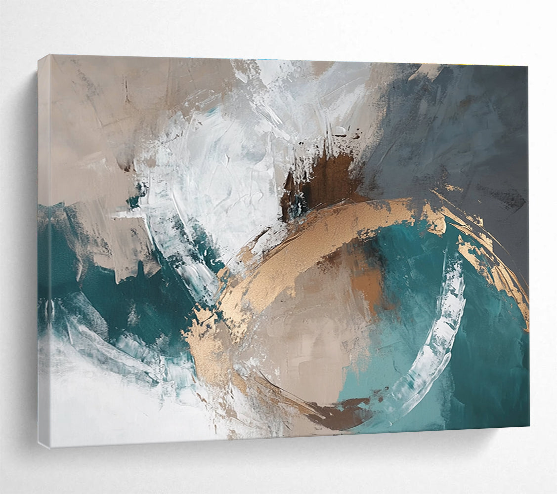 Beige, Teal and Gold Abstract Painting with Textured Layers ABS402