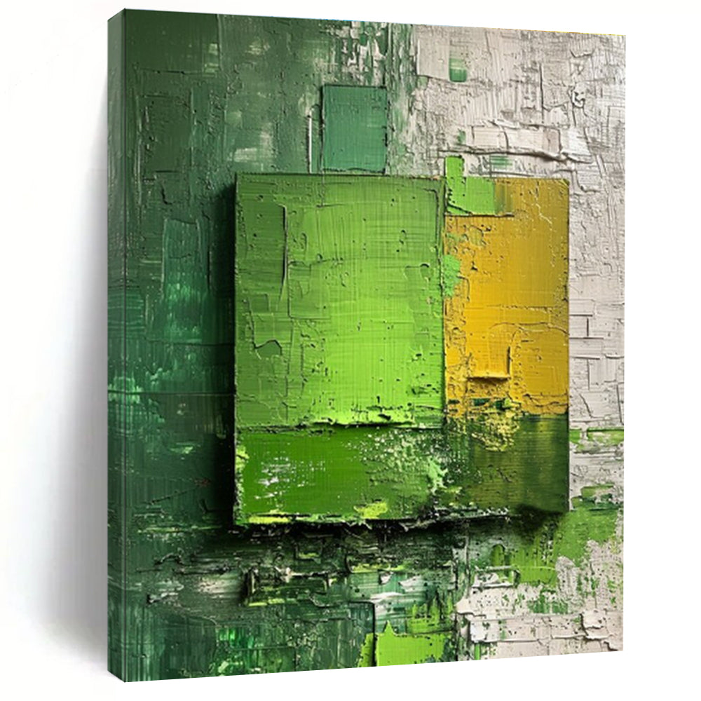 Green and Yellow Textured Squares Abstract Painting for Modern Dining Rooms HENG030