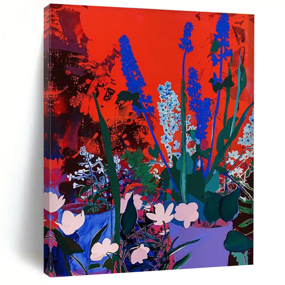 Blue Flowers on Red Abstract Painting for Bold Home Interiors HENG100