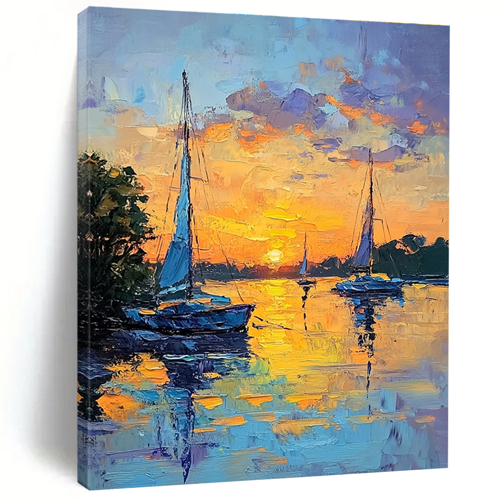 Sailboats at Sunset Serene Abstract Painting for Waterfront Homes GAB1439