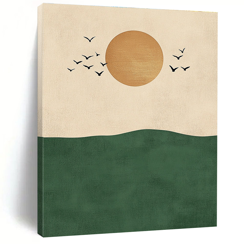 Sun Birds and Green Hill Abstract Painting for Nature - Inspired Living Rooms GAB1380