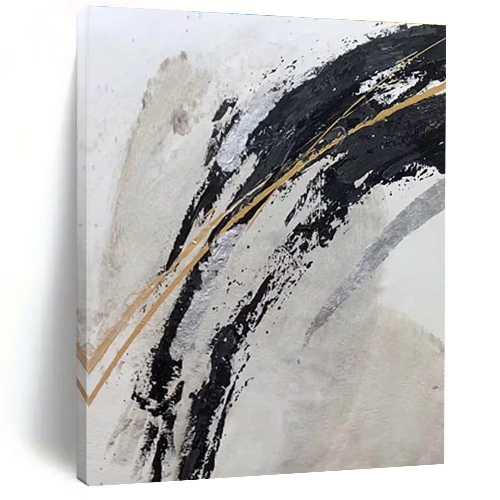 Luxurious Black - Gold Abstract Strokes Painting for Opulent Spaces HENG249