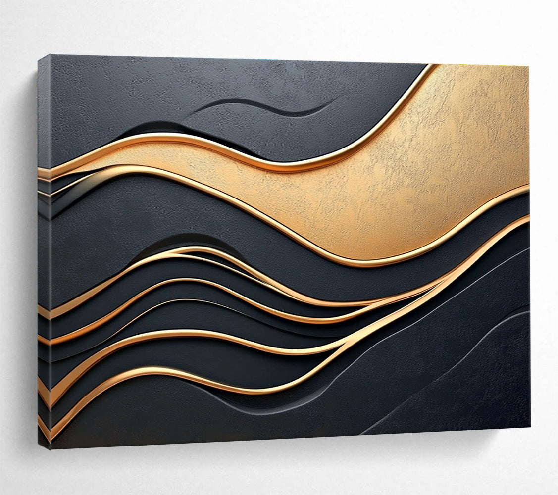 Black and Gold Waves: Luxurious Rhythms in 3D Abstract Painting ABS166