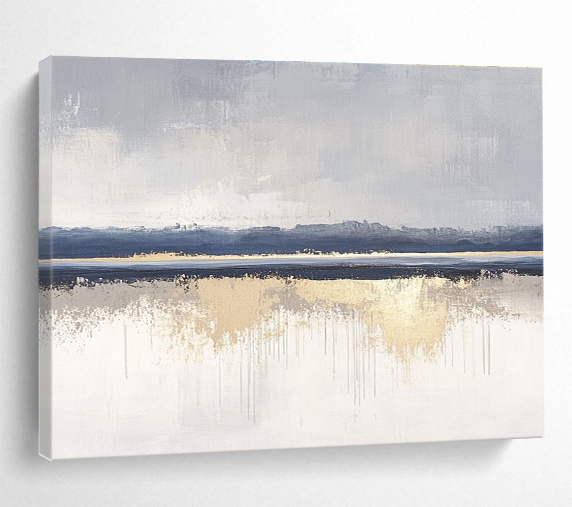 Minimalist Gray - Blue - Gold Abstract Landscape Painting ABS199