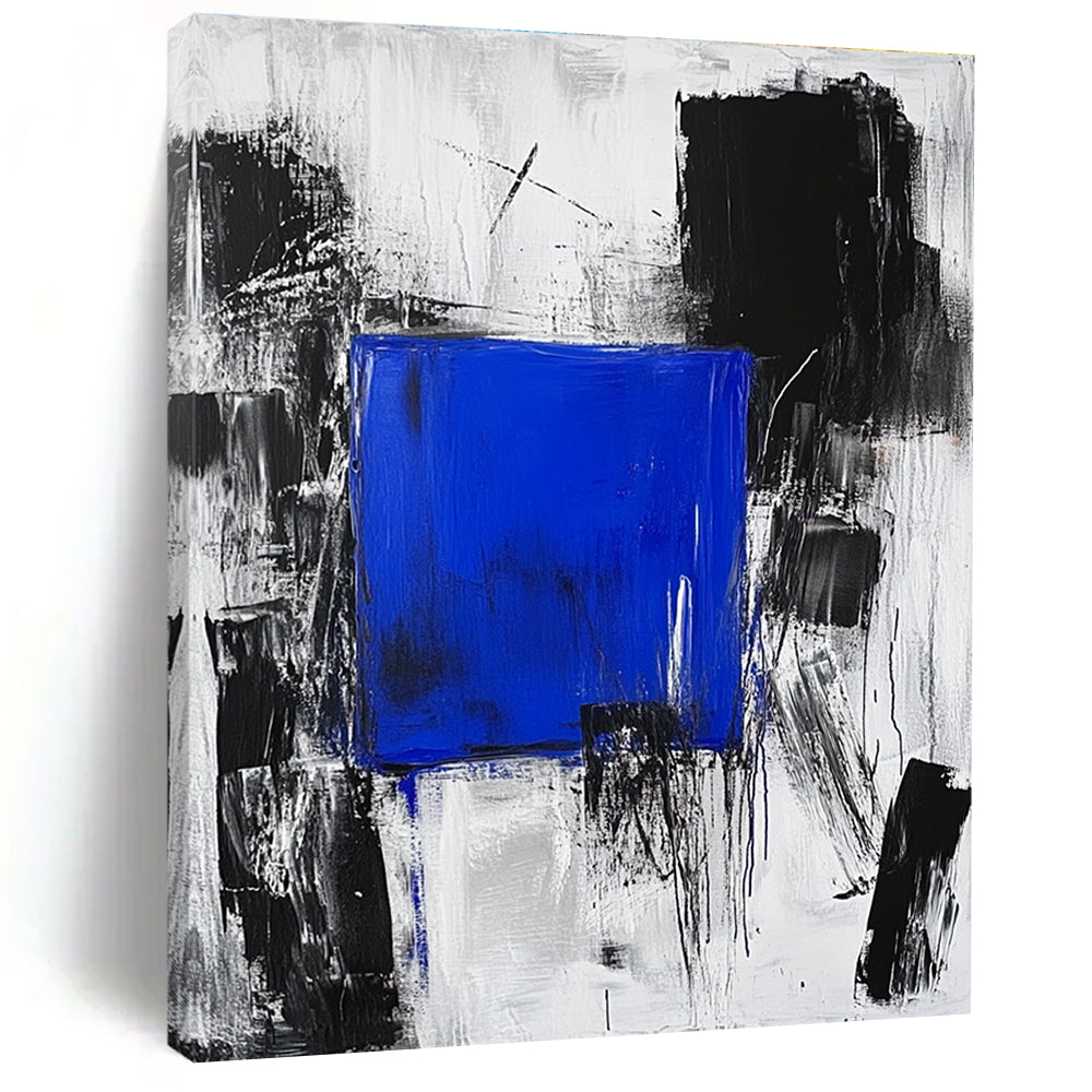 Blue Square in Black and White Chaos Abstract Painting with Focal Contrast WINK025