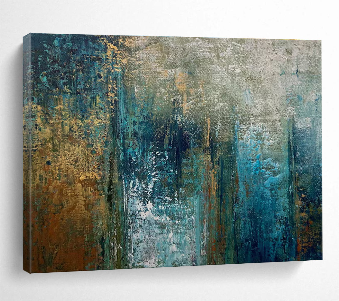 Teal and Gold Abstract Layers Painting for Modern Beach Houses YHT337
