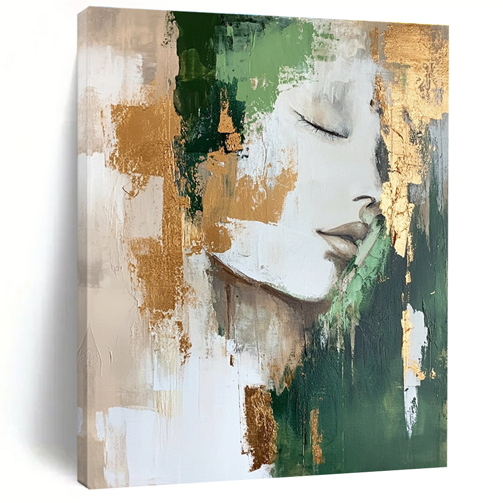 Abstract Portrait Painting with Green and Gold Elements GAB0665