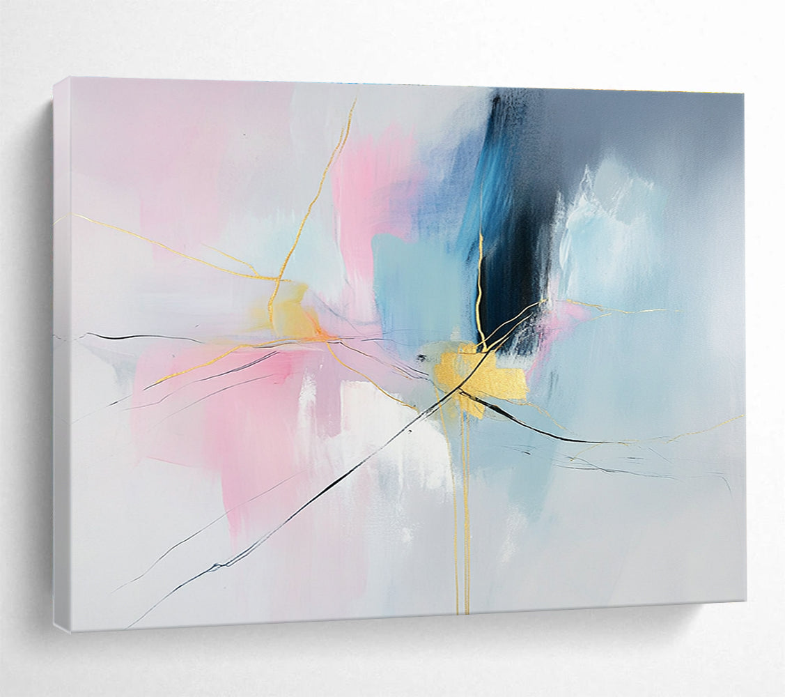 Pink, Blue, and Gold Abstract Painting with Dynamic Thread - like Forms ABS441