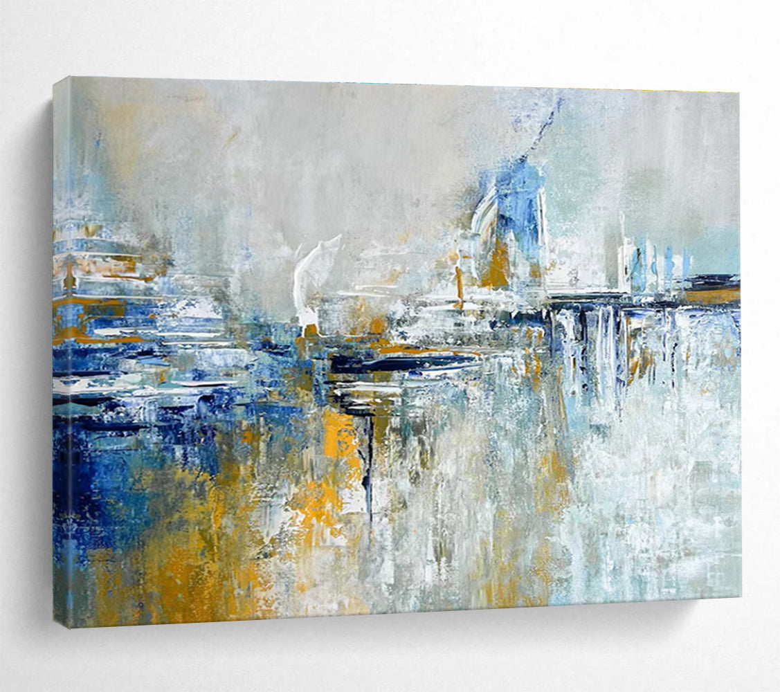 Blue and Gold Abstract Cityscape Painting for Upscale Urban Residences YHT347
