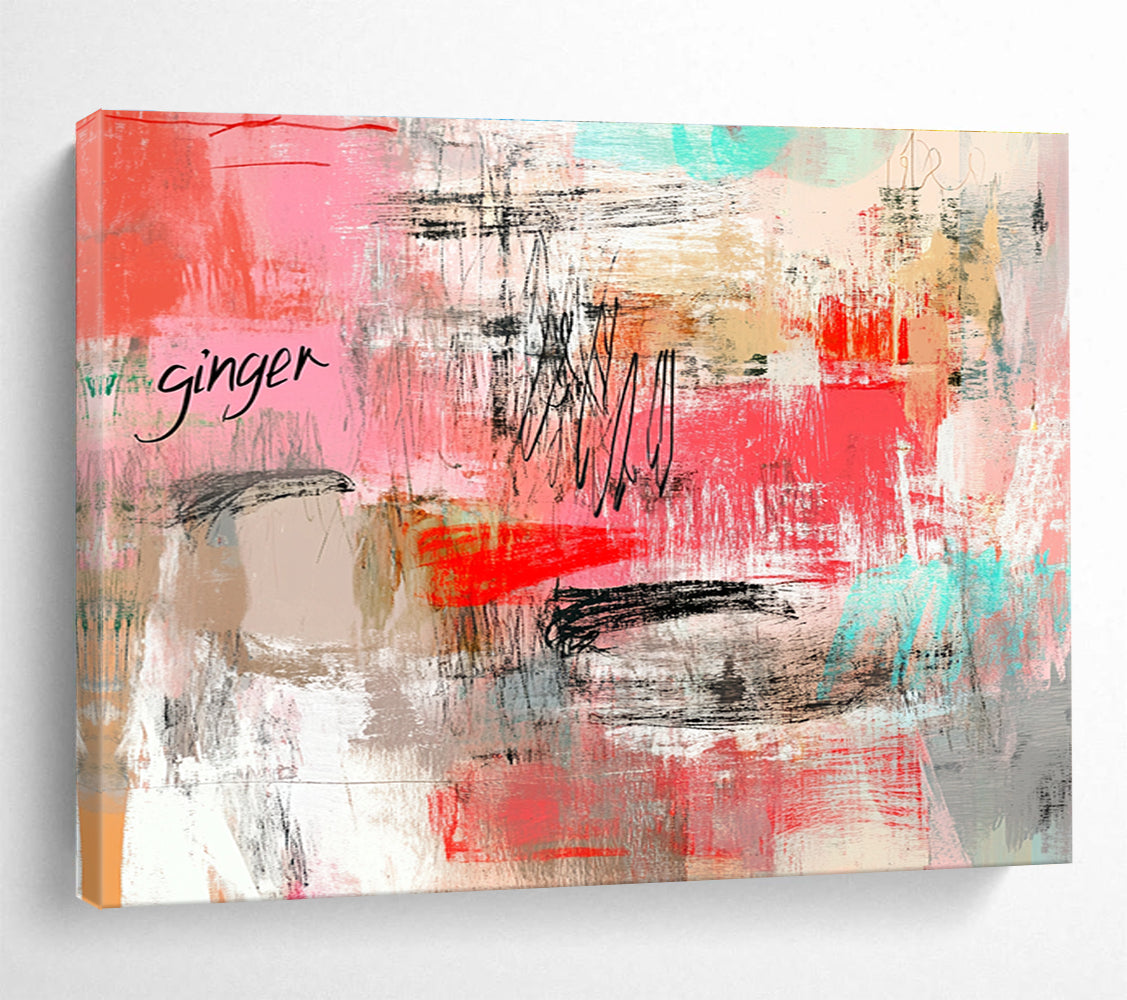 Pink and Gray Abstract Painting with Playful Text and Strokes ABS434