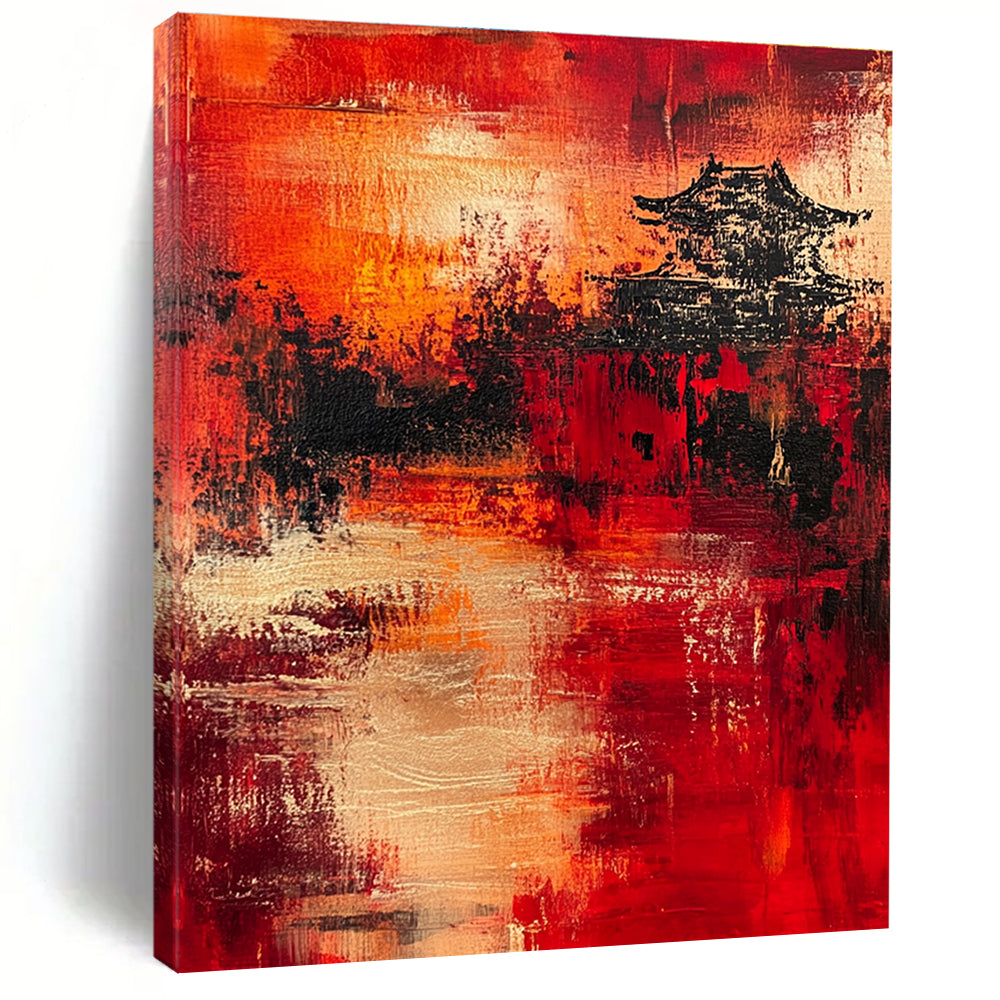 Cultural Red - Black Pagoda Abstract Painting: Heritage Meets Modern Art GAB0956