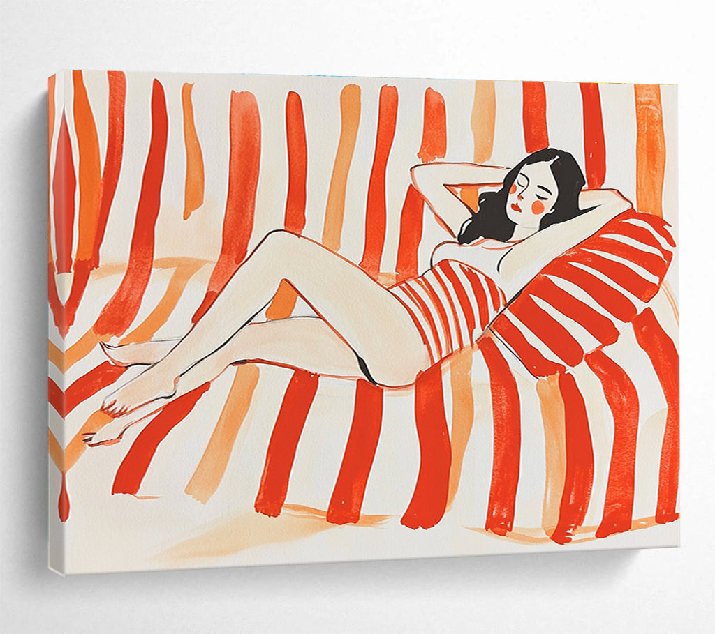 Relaxed Woman on Stripes: Carefree Summer Vibes Abstract Painting ABS164